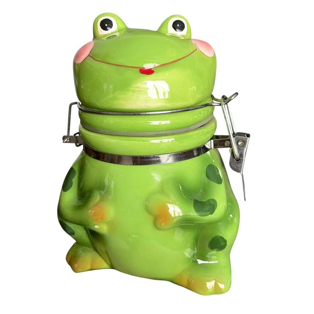 Green Frog Hinged Canister Ceramic Storage Jar Boston Warehouse Container
